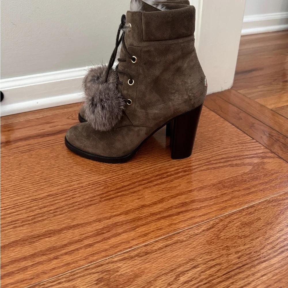 Jimmy Choo Suede Rabbit Fur Elba Heeled Boots. Size 39.